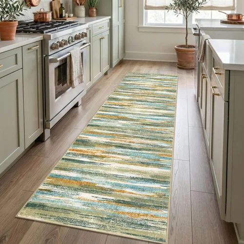 Miniatura 66 de Alfombra de pasillo moderna Lansny 2 x 6 pulgadas, alfombra de cocina lavable verde mostaza multicolor, alfombra antideslizante suave para pasillo
