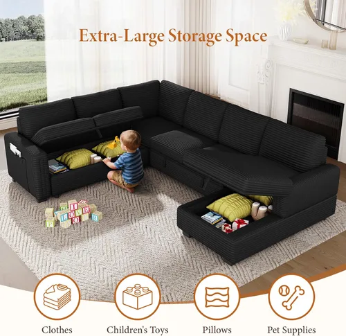 Miniatura 5 de Vesgantti Sofá Seccional Modular de 113.6" con Sofá Cama Extraíble, Sofá Cama en Forma de U de 7 Plazas con Chaise de Almacenamiento, Sofá Seccional
