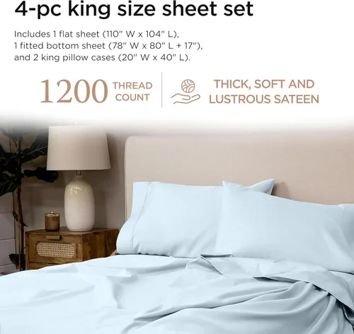 Miniatura 2 de Threadmill Supima - Sábanas tamaño King, cuenta de 1200 hilos, sábanas de lujo americano de 4 piezas para colchón King, sábanas de algodón de Azul
