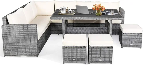 HAPPYGRILL Juego de muebles de mimbre de ratán de 7 piezas, juego de muebles de patio al aire libre con cojines, juego de sofá de ratán con mesa de