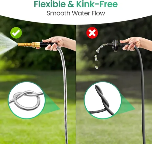 Miniatura 4 de Cesun Manguera de jardín corta de 3 pies, manguera de agua conductora de metal, resistente y ligera, tubo de agua de acero inoxidable para RV, al