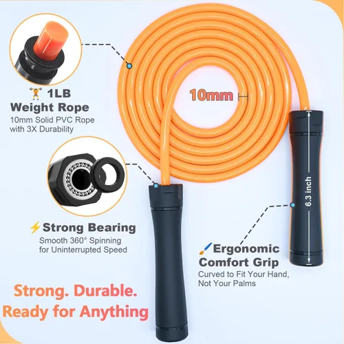 Miniatura 3 de Weighted Jump Rope, 1LB Tangle-Free Ball Bearing Rapid Speed Skipping Rope for Men Women, Adjustable 9mm Cotton & PVC Rope with Alum Handle for