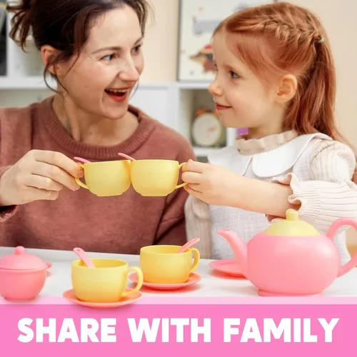 Miniatura 7 de JOYIN Juego de 18 piezas de fiesta de té de simulación, juego de té de plástico rosa, mini cocina para niños, regalos para niños pequeños, regalo