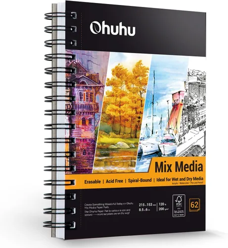 Ohuhu Mix Media Pad, cuaderno de bocetos de arte mixto de 8.5 x 6 pulgadas, papel pesado de 120 lb/200 g/m², 62 hojas/124 páginas, cuaderno de papel