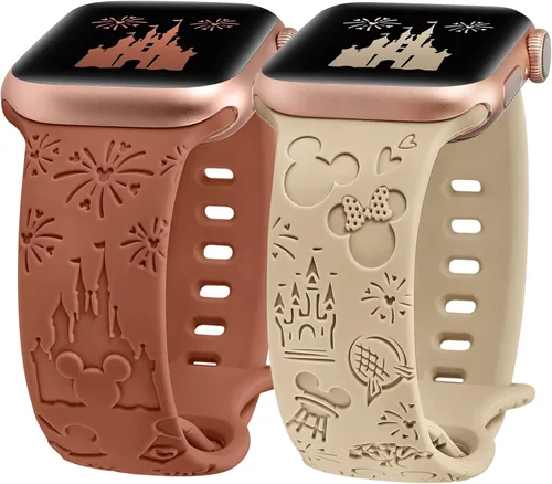 2 paquetes de correas grabadas con dibujos animados compatibles con Apple Watch de 38/40/41/42/44/45/46/49 mm, correa de silicona suave y linda para