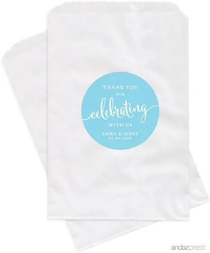 Miniatura 17 de Andaz Press Bolsas de regalo personalizadas para mesa de postre, agradecimiento por celebrar con nosotros, aguamarina, paquete de 24, personalizadas
