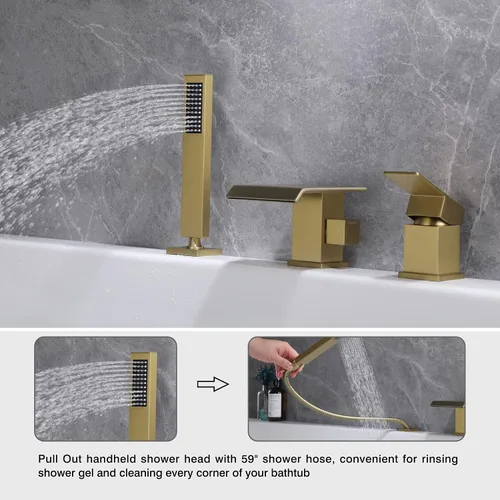 Miniatura 4 de TapLong Grifo de bañera romana, relleno de bañera en cascada, grifo de llenado de bañera con montaje en cubierta tipo cascada con rociador, 3