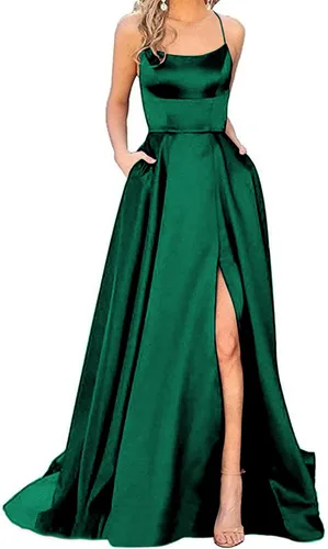 Vestidos de baile de satén para mujer, vestido largo de baile con abertura, espalda descubierta, tirantes delgados, cuello halter, vestido formal de