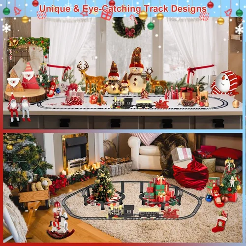 Miniatura 7 de Juego de tren eléctrico con pistas elevadas 3D, vagones de pasajeros de locomotora, luces y modo silencioso, tren de Navidad para niños, regalo