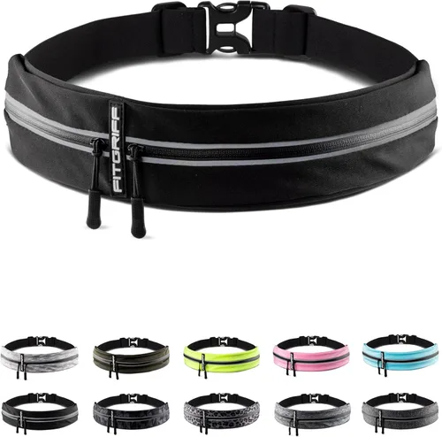 Cinturón de correr Fitgriff® para hombres y mujeres - Bolso de jogging seguro para teléfono, llaves y elementos esenciales - Para todos los Negro