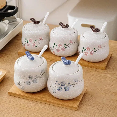 Miniatura 5 de 2 tarros de cerámica retro para condimentos, 13.5 onzas, de porcelana, para condimentos, azucareros, con tapas, cucharas y bandeja de madera para 2