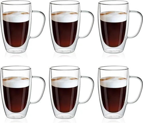 Miniatura 9 de MEWAY Paquete de 2 tazas de café de 16 onzas, taza de doble pared de vidrio transparente grueso con asa para café, té, café con leche, capuchino