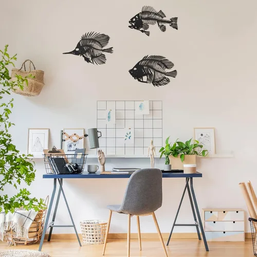 Miniatura 5 de Zhengmy 3 piezas de arte de pared de metal, escultura de pescado colgante de hueso de pescado de metal, decoración de pared rústica, estilo náutico