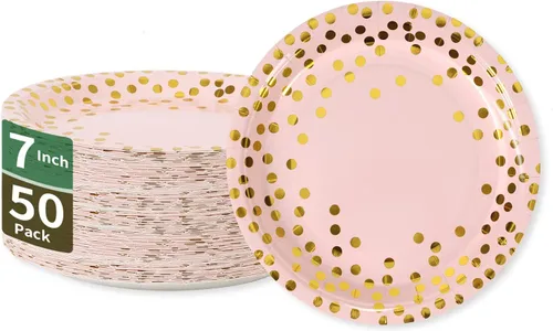 Miniatura 12 de Platos de papel para fiesta de puntos negros y oro rosa, 50 piezas desechables para fiestas, platos de papel de postre para cumpleaños, bodas