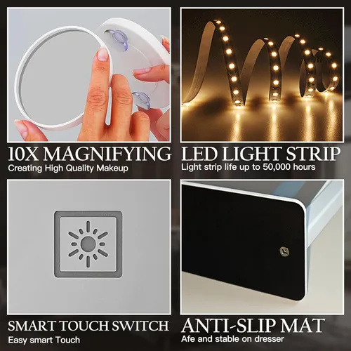 Miniatura 5 de ROLOVE Espejo de tocador con luces de 15 x 12 pulgadas, espejo de maquillaje iluminado con aumento de 10X, iluminación de 3 colores y brillo