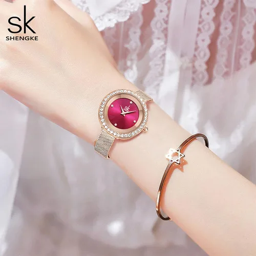 Miniatura 6 de SHENGKE Reloj de mujer de lujo analógico de cuarzo de moda de cuarzo para mujer, reloj impermeable para mujer Relogio Feminino, K0169-rosa rojo