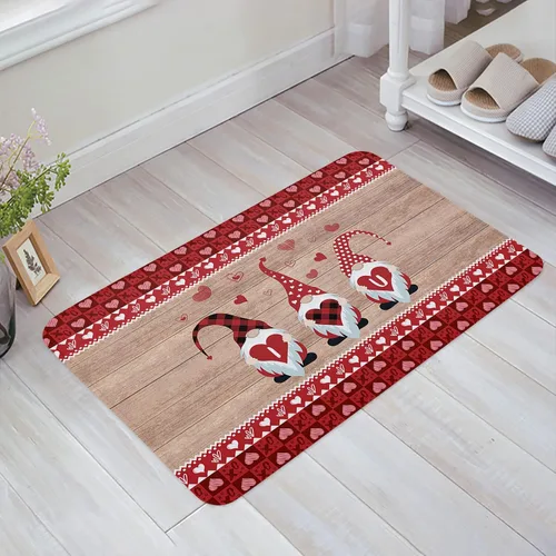 T&H XHome Felpudo de San Valentín, felpudo para puerta delantera trasera con parte trasera antideslizante, gnomos de San Valentín en grano de madera