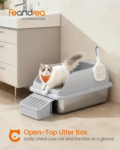 Miniatura 2 de Feandrea Caja de arena para gatos de acero inoxidable con parte superior abierta, bandeja de arena de alta cara con escalón, cuchara, cepillo