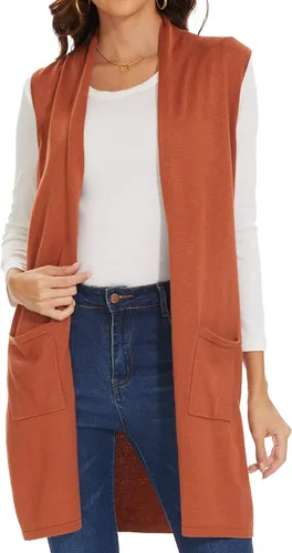 Miniatura 5 de INKOFF Chaleco de punto largo para mujer, sin mangas, con bolsillos, frente abierto, drapeado, chaleco casual