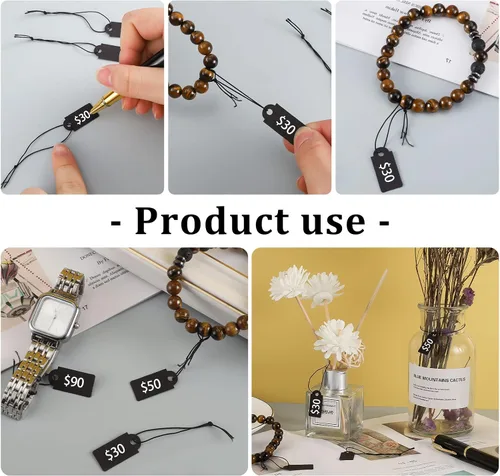 Miniatura 4 de 200 etiquetas de precio negras, etiquetas de regalo con cuerda elástica, etiqueta de precio de joyería escribible de papel kraft para ropa, joyería
