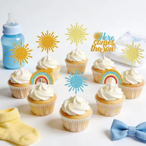 Miniatura 11 de Glitter Here Comes The Son - Decoración para pastel de primer cumpleaños para bebé, temática de sol, baby shower, suministros de decoración