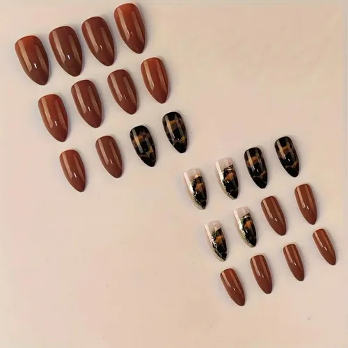 Miniatura 3 de Uñas postizas a presión de almendra marrón, medianas con diseños de leopardo y purpurina, uñas postizas en forma de almendra otoñal, uñas acrílicas