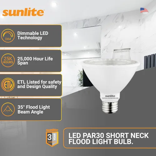 Miniatura 2 de Sunlite 40982-SU - Bombilla LED PAR30 de cuello corto, 9 vatios, (equivalente a 75 W), 850 lúmenes, base de tornillo medio (E26), regulable, 5000K