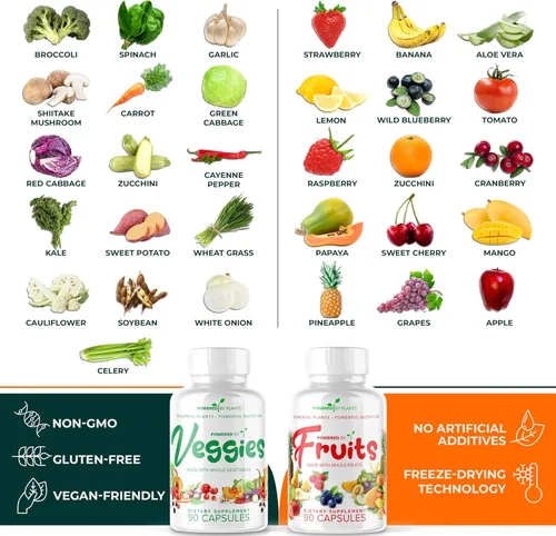 Miniatura 4 de Suplemento diario de frutas y verduras, 180 cápsulas durante 30 días, superalimento sin OMG y sin gluten con vitaminas naturales, alimentado por