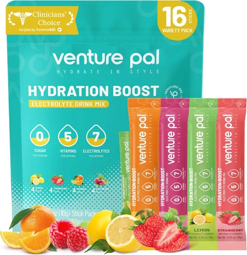 Venture Pal Paquetes de electrolitos en polvo sin azúcar, mezcla de bebida para hidratación rápida y recuperación de fiestas, 5 vitaminas y 7