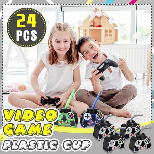 Miniatura 5 de Mifoci 24 vasos de plástico para fiestas de videojuegos con pajita y tapa, tazas de 10 onzas con temática de cumpleaños para jugadores, 7º recuerdos