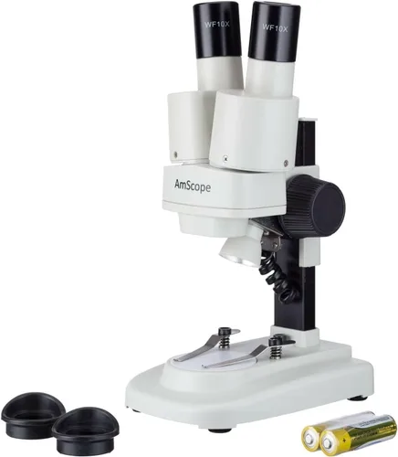 Miniatura 4 de AMSCOPE -Microscopio estéreo binocular portátil para niños, oculares WF5X y WF10x, aumento de 10X y 20X, objetivo 2X, fuente de luz de tungsteno