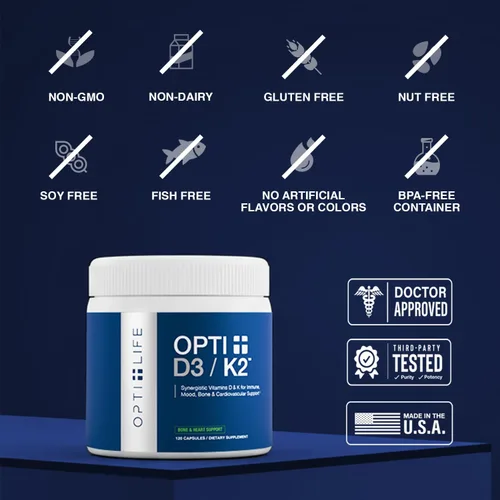 Miniatura 3 de Suplemento Opti + D3/K2 Suplemento para la salud ósea, el bienestar cardiovascular y el apoyo inmunológico* Vitamina D3 K2 apoyo diario 120
