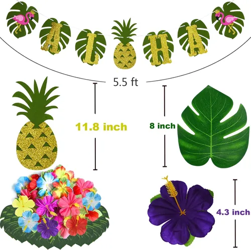 Miniatura 4 de JOPHMO Paquete de decoración de fiesta tropical Luau hawaiana temática de playa, suministros de fiesta Luau (112 piezas) incluyendo pancarta, falda