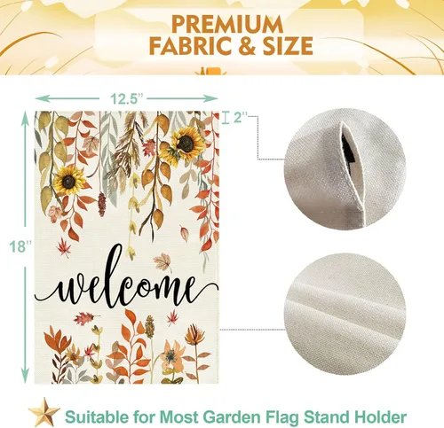 Miniatura 6 de ORTIGIA Bandera de jardín con hojas de arce de bienvenida y otoño, vertical, de doble cara, de 12 x 18 pulgadas, diseño de girasoles otoñales