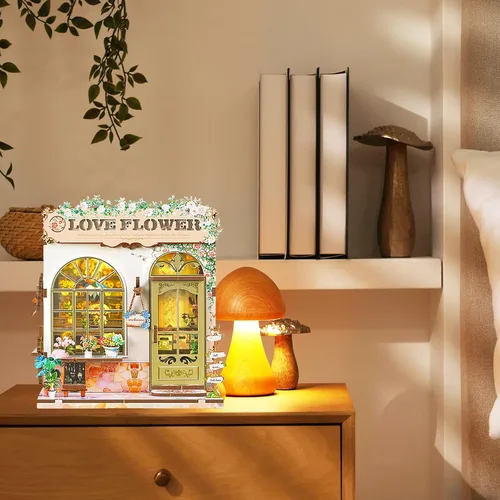 Miniatura 4 de Kit de rincón de libros – Kit de casa en miniatura de bricolaje con luz LED, rompecabezas de madera 3D, decoración de estantería estilo floristería
