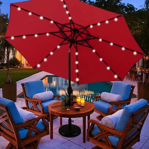 Miniatura 6 de Blissun - Sombrilla solar de 9 pies para exteriores, 32 luces LED, parasol ideal para patio, jardín, cubierta, piscina y playa (rojo)