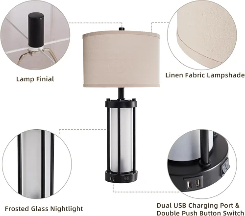 Miniatura 5 de Lámparas de mesa modernas para sala de estar, lámparas industriales de mesita con 2 puertos USB, lámpara rústica de mesita con luz nocturna