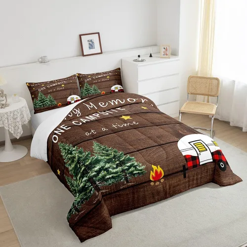 Miniatura 4 de Erosebridal Juego de edredón de campamento para niños y niñas, ropa de cama de campista tamaño twin, edredón vintage de campamento feliz