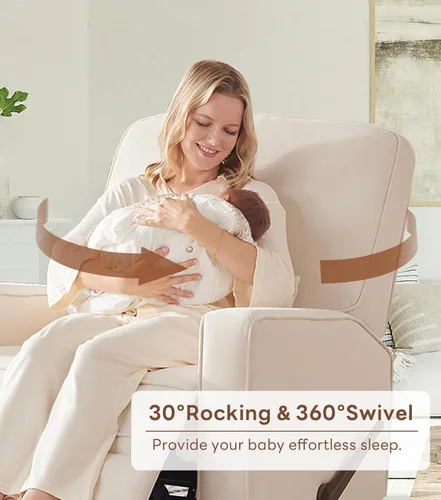 Miniatura 4 de Tbfit Silla reclinable giratoria de 360°, mecedora de guardería con soporte lumbar para dormitorio, cómodo sillón tapizado con almohadas y Beige