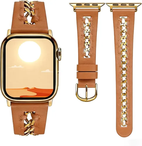 Miniatura 8 de HANDODO Correa de piel auténtica italiana con detalles de cadena dorada, compatible con Apple Watch Series 10 9 8 7 6 5 4 3 2 1 SE SE2 Ultra, correa