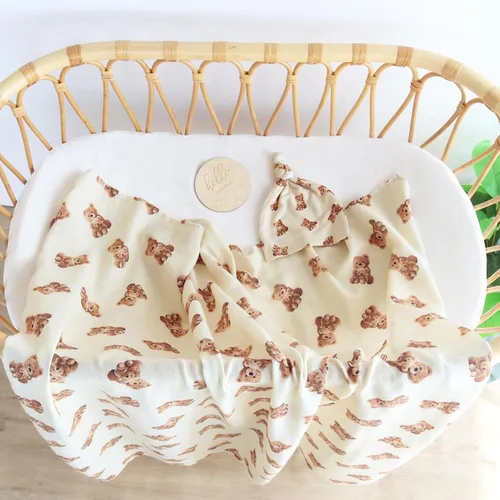 Miniatura 6 de LifeTree Mantas de muselina para envolver al bebé, juego de manta de muselina para bebé y gorro con tarjeta de anuncio de nacimiento, mantas de Oso