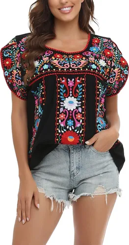 Miniatura 8 de YZXDORWJ Blusa de verano para mujer, estilo bohemio, estilo mexicano, con bordado, estilo bohemio