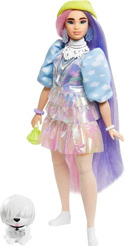 Miniatura 6 de Muñeca Barbie Extra y accesorios con aspecto brillante, cabello de fantasía rosa y morado y gorro de neón con cachorro mascota Blanco