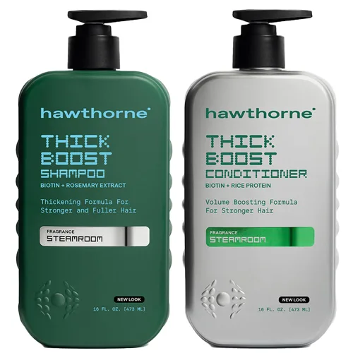 Hawthorne Juego de champú y acondicionador Thick Boost, conjunto de champú y acondicionador espesante para hombre con biotina, proteína de arroz,