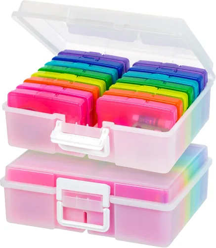 IRIS USA Caja de almacenamiento de fotos de 4" x 6" Craft Keeper, paquete de 2, contenedor con asa discreta con 16 estuches organizadores para