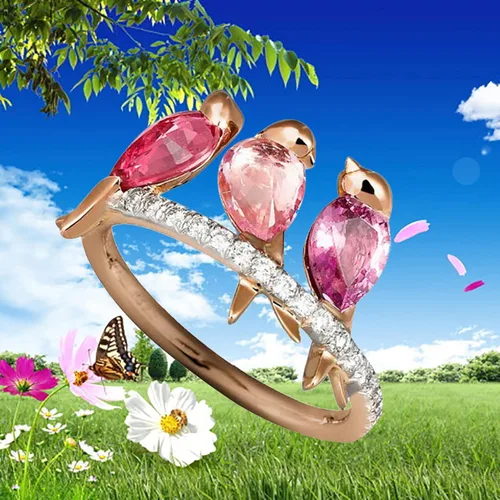 Miniatura 3 de Washranp Exquisito anillo de estilo fresco para mujer, pareja, anillos de amor creativos, 3 pájaros, animales, diamantes de imitación, fiesta