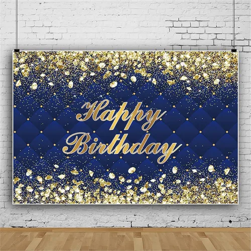 Miniatura 2 de Renaiss Telón de Fondo Banner de Feliz Cumpleaños de 5x3 pies Diamantes Reales Dorado Azul Fondo de Fotografía para Hombres Mujeres Fiesta