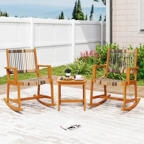 Miniatura 9 de Tangkula Juego de 3 mecedoras para patio, juego de bistró de madera de acacia con asiento y respaldo de ratán, 2 sillones para exteriores con mesa