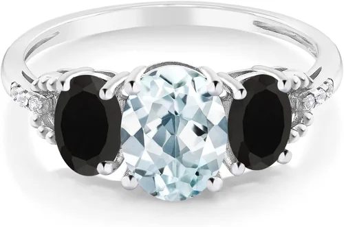Miniatura 2 de Gem Stone King 10K White Gold Diamond Accent 3-Stone Engagement Ring set with 1.93 Ct Oval Sky Blue Aquamarine Black Onyx (Available 5,6,7,8,9)