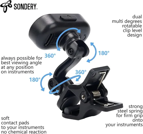 Miniatura 5 de Sondery afinador de guitarra y ukelele con clip recargable, pantalla TFT simple de fácil lectura, afinación extremadamente rápida y precisa